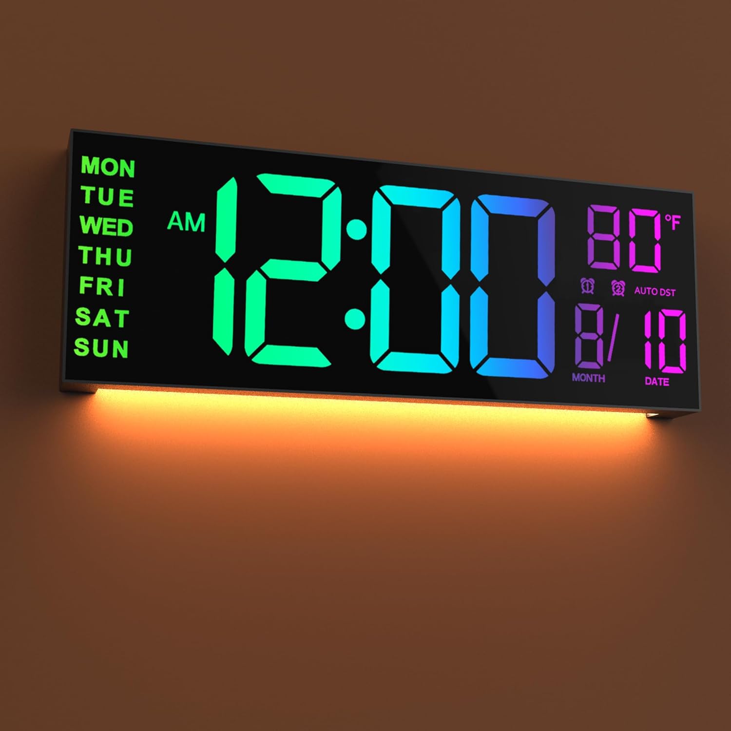 JALL 16" Large Digital Wall Mount Clock, Count Down Timer, Alarm, Big LED, 8 RGB Color, DST, Temperature for Living Room Classroom Desk, Xmas, Birthday Gift for Senior Mom Dad (Black, 16 inches)