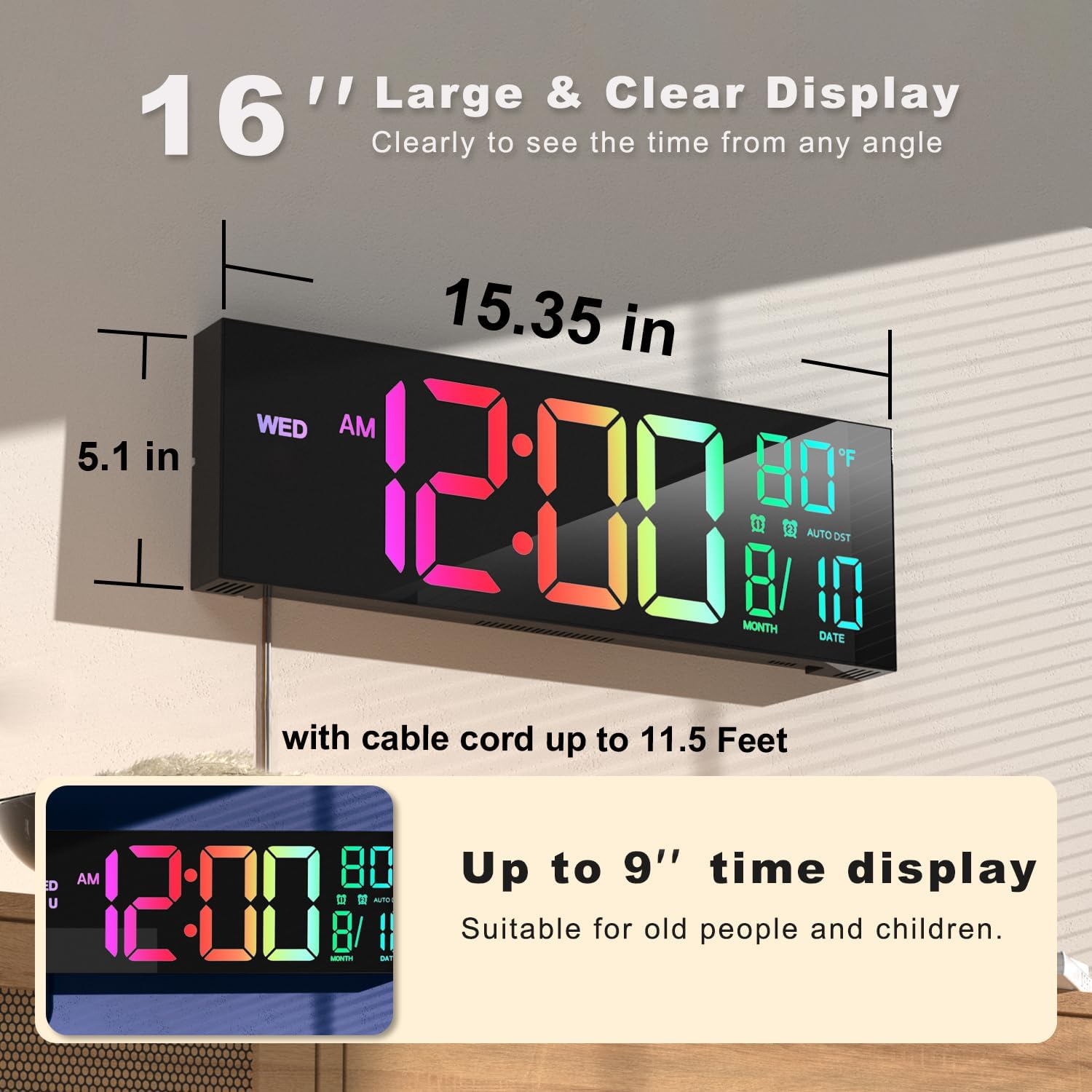 JALL 16" Large Digital Wall Mount Clock, Count Down Timer, Alarm, Big LED, 8 RGB Color, DST, Temperature for Living Room Classroom Desk, Xmas, Birthday Gift for Senior Mom Dad (Black, 16 inches) - Image 2