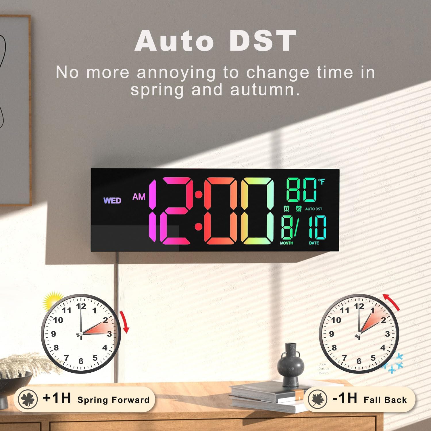 JALL 16" Large Digital Wall Mount Clock, Count Down Timer, Alarm, Big LED, 8 RGB Color, DST, Temperature for Living Room Classroom Desk, Xmas, Birthday Gift for Senior Mom Dad (Black, 16 inches) - Image 5