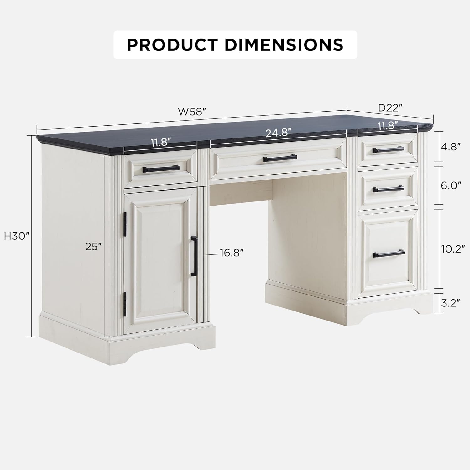 JXQTLINGMU 58" Executive Desk, Farmhouse Computer Desk with Drawers and Cabinet, Embossed Texture Home Office Desk, Workspace for Work Study Writing, Off White - Image 2