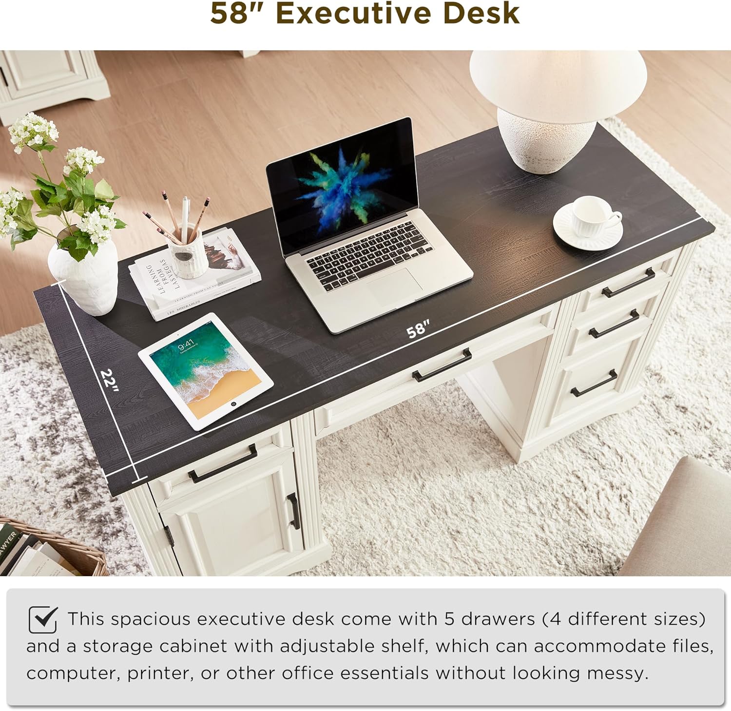 JXQTLINGMU 58" Executive Desk, Farmhouse Computer Desk with Drawers and Cabinet, Embossed Texture Home Office Desk, Workspace for Work Study Writing, Off White - Image 3