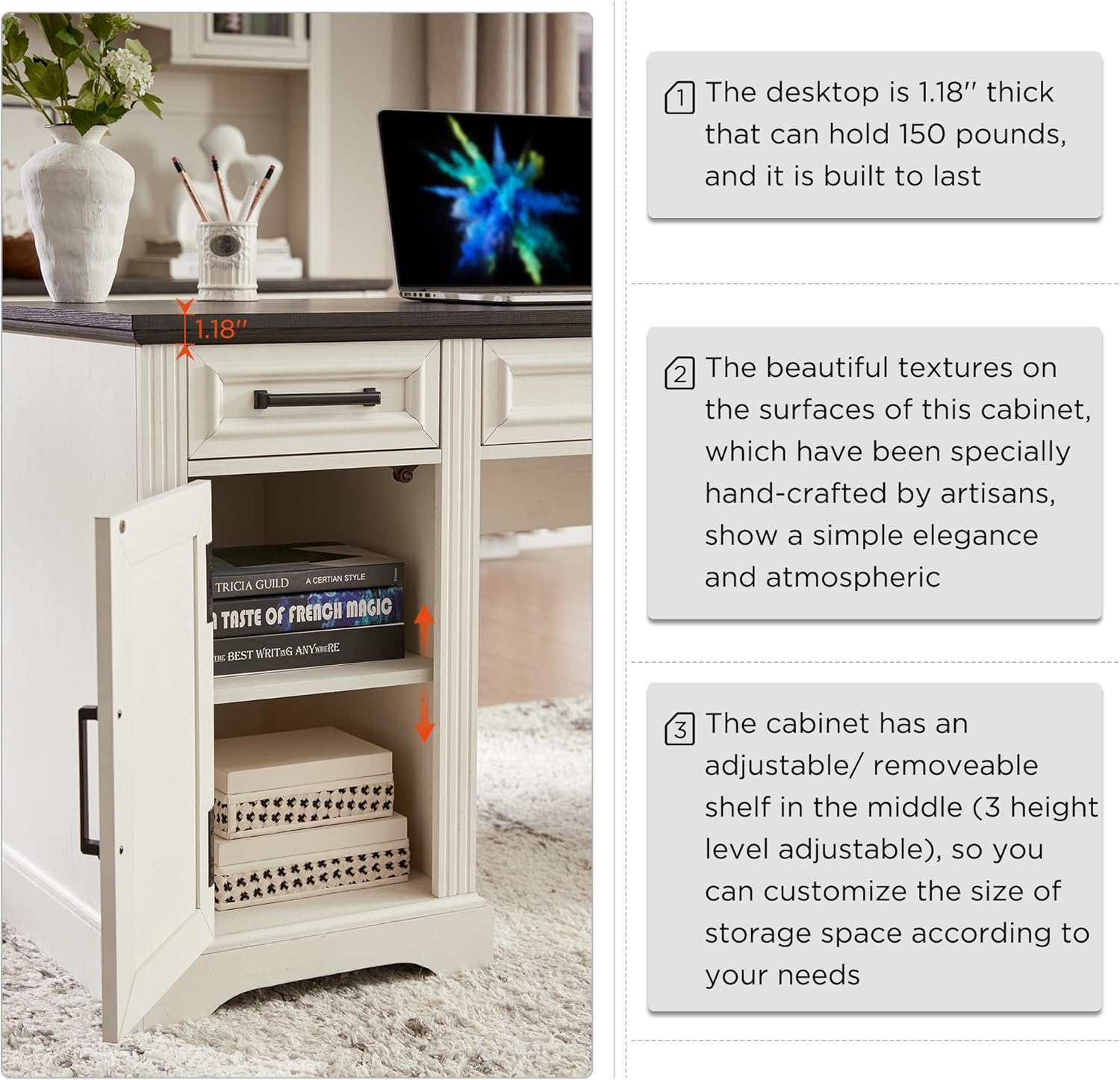 JXQTLINGMU 58" Executive Desk, Farmhouse Computer Desk with Drawers and Cabinet, Embossed Texture Home Office Desk, Workspace for Work Study Writing, Off White - Image 5