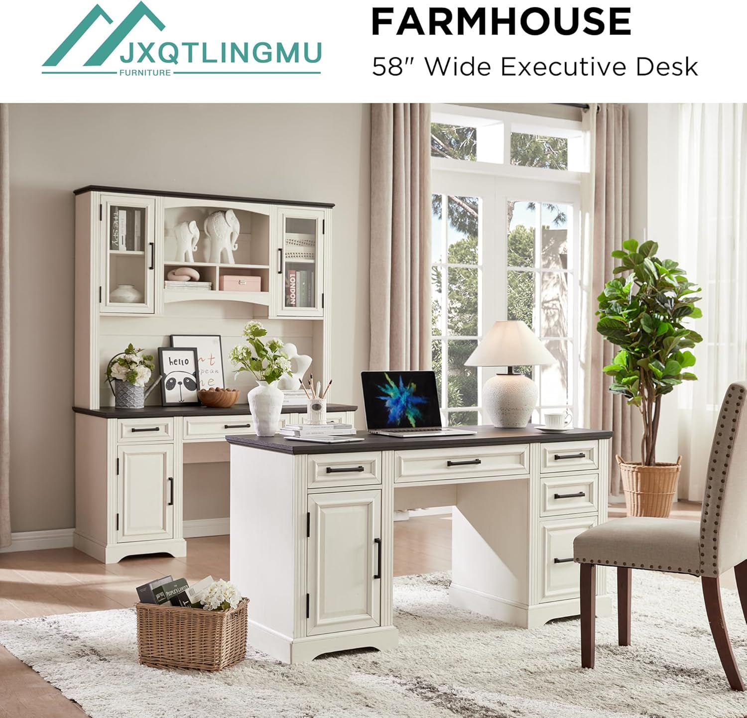 JXQTLINGMU 58" Executive Desk, Farmhouse Computer Desk with Drawers and Cabinet, Embossed Texture Home Office Desk, Workspace for Work Study Writing, Off White - Image 6