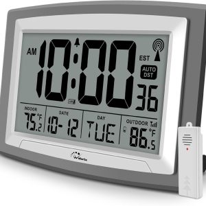 WallarGe Atomic Clock with Outdoor and Indoor Temperature - 12.5 Inch Self-Setting Digital Clock Large Display, Battery Operated Wall Clocks or Desk Clocks for Bedroom, Livingroom, Office